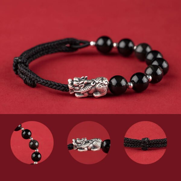 Pixiu Obsidian Men's Bracelet 999 Pure Silver - Image 5